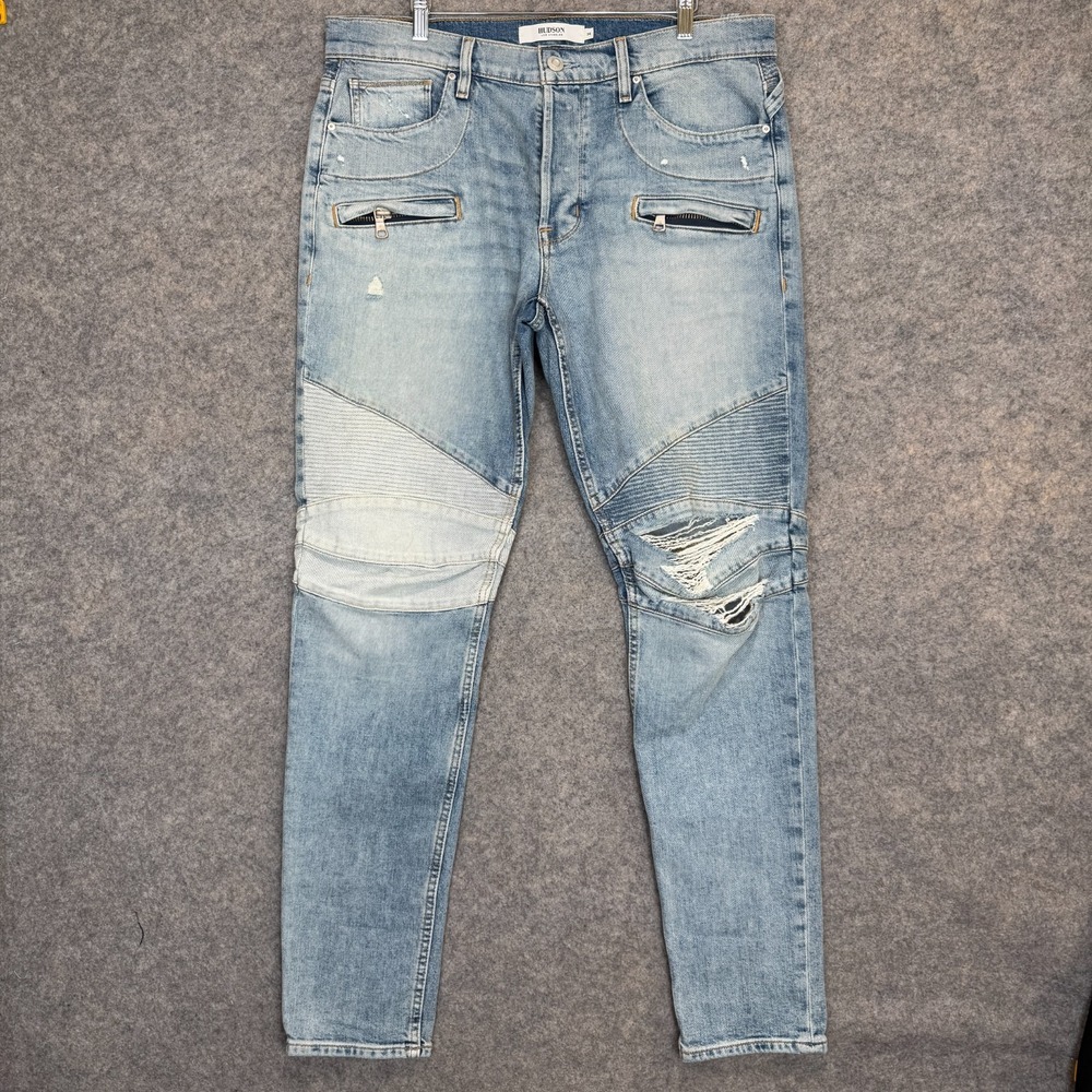 Hudson Biker Moto Jeans Mens 36 Blinder V2 Skinny Distressed Blue Denim Pants